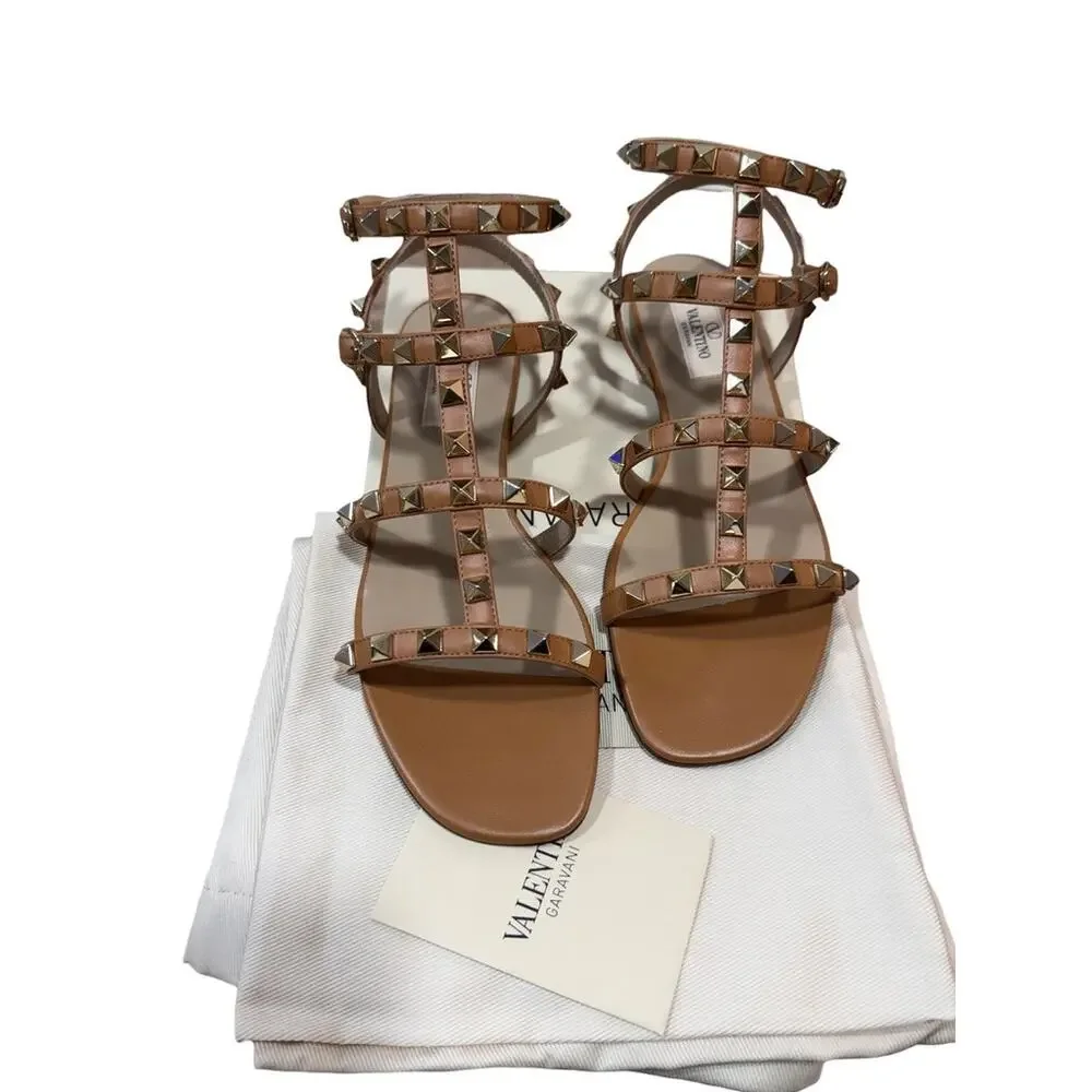 Valentino Garavani Rockstud Caged Leather Slide Sandal Almond Beige 36.5
